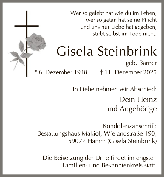 Traueranzeige von Gisela Steinbrink von HAWA
