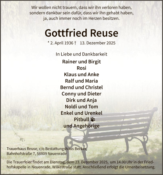 Traueranzeige von Gottfried Reuse von HALN