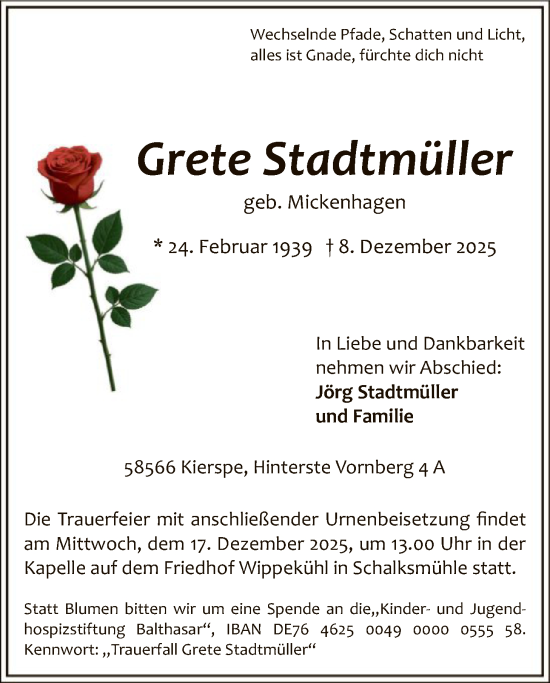 Traueranzeige von Grete Stadtmüller von HALN
