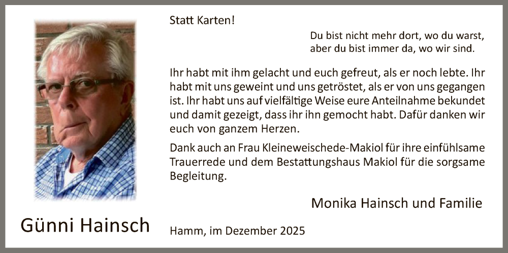  Traueranzeige für Günni Hainsch vom 13.12.2025 aus HAWA