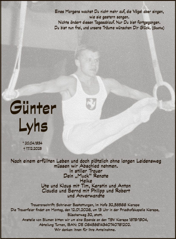  Traueranzeige für Günter Lyhs vom 24.12.2025 aus HALN