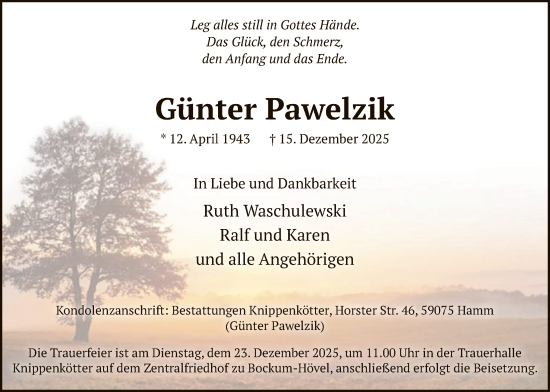 Traueranzeige von Günter Pawelzik von HAWA