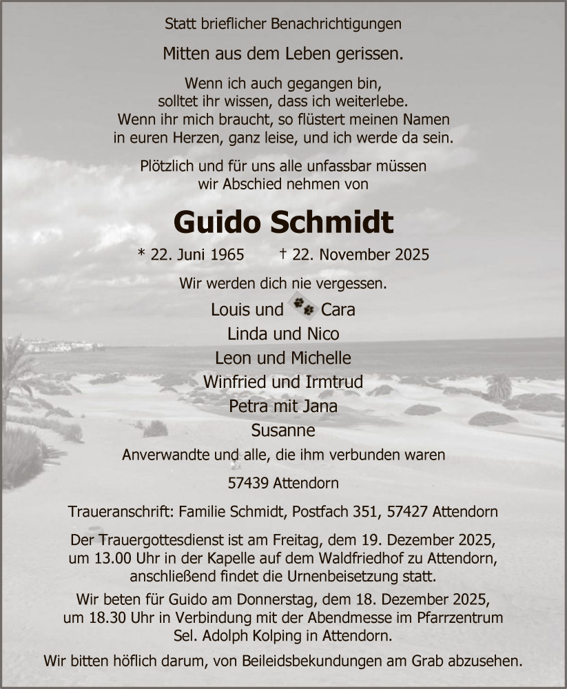 Traueranzeige für Guido Schmidt vom 06.12.2025 aus HASK