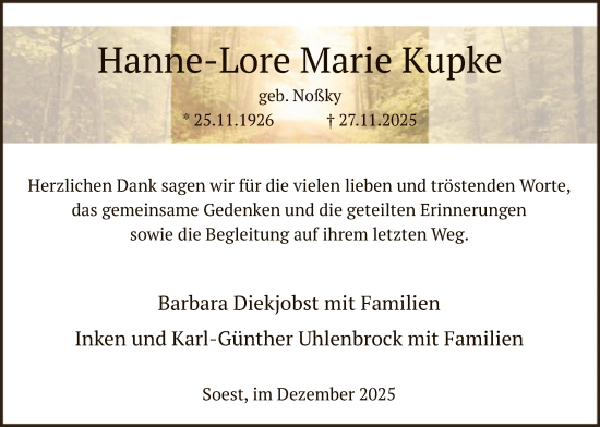 Traueranzeige von Hanne-Lore Marie Kupke von HASO