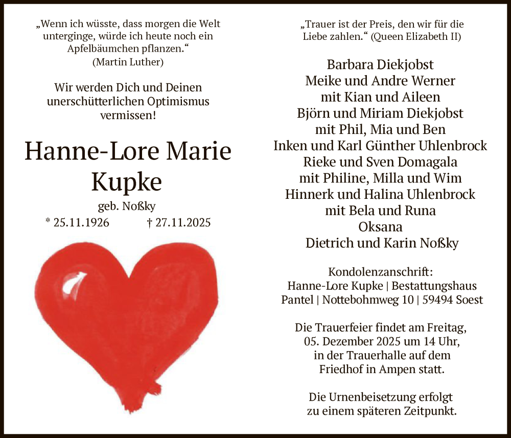  Traueranzeige für Hanne-Lore Marie Kupke vom 03.12.2025 aus HASO