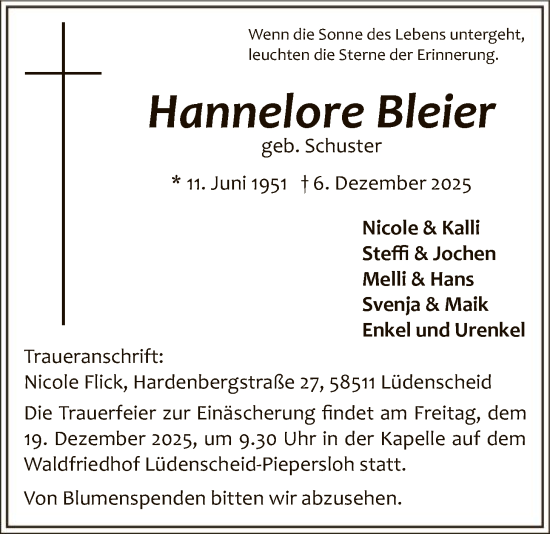 Traueranzeige von Hannelore Bleier von HALN