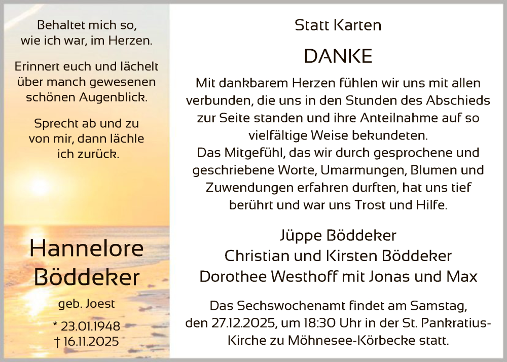  Traueranzeige für Hannelore Böddeker vom 20.12.2025 aus HASO