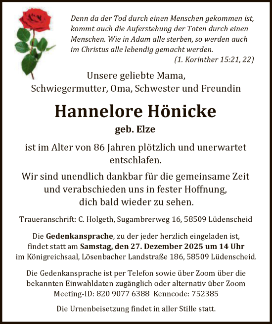 Traueranzeige von Hannelore Hönicke von HALN