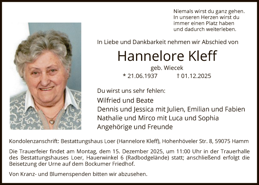  Traueranzeige für Hannelore Kleff vom 06.12.2025 aus HAWA