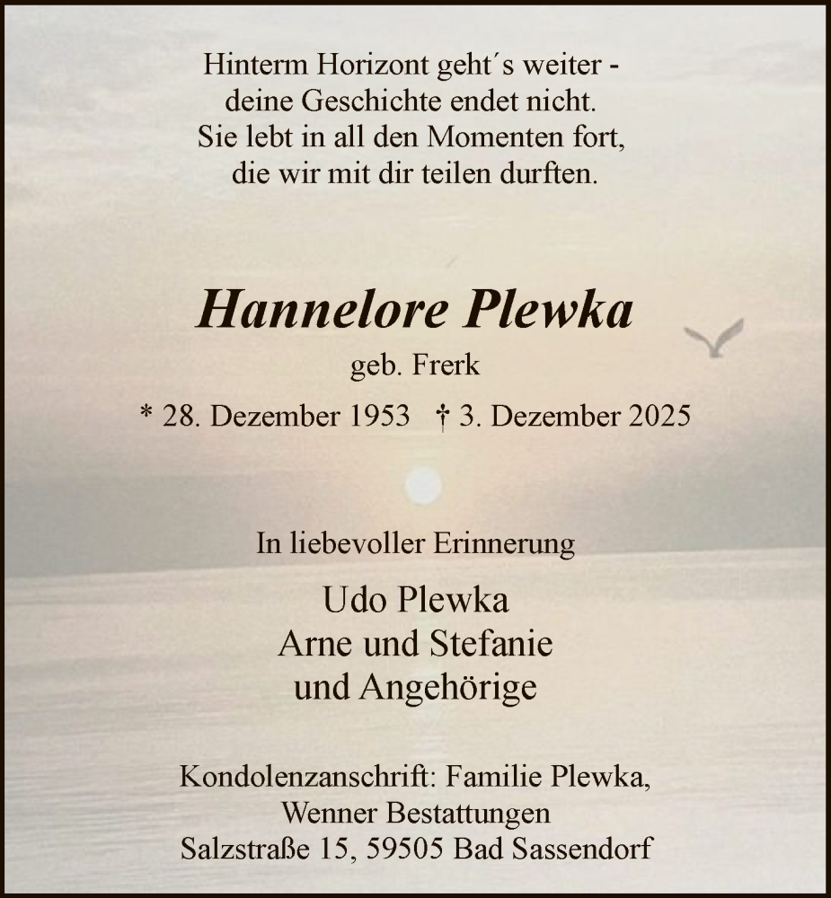  Traueranzeige für Hannelore Plewka vom 20.12.2025 aus HASO