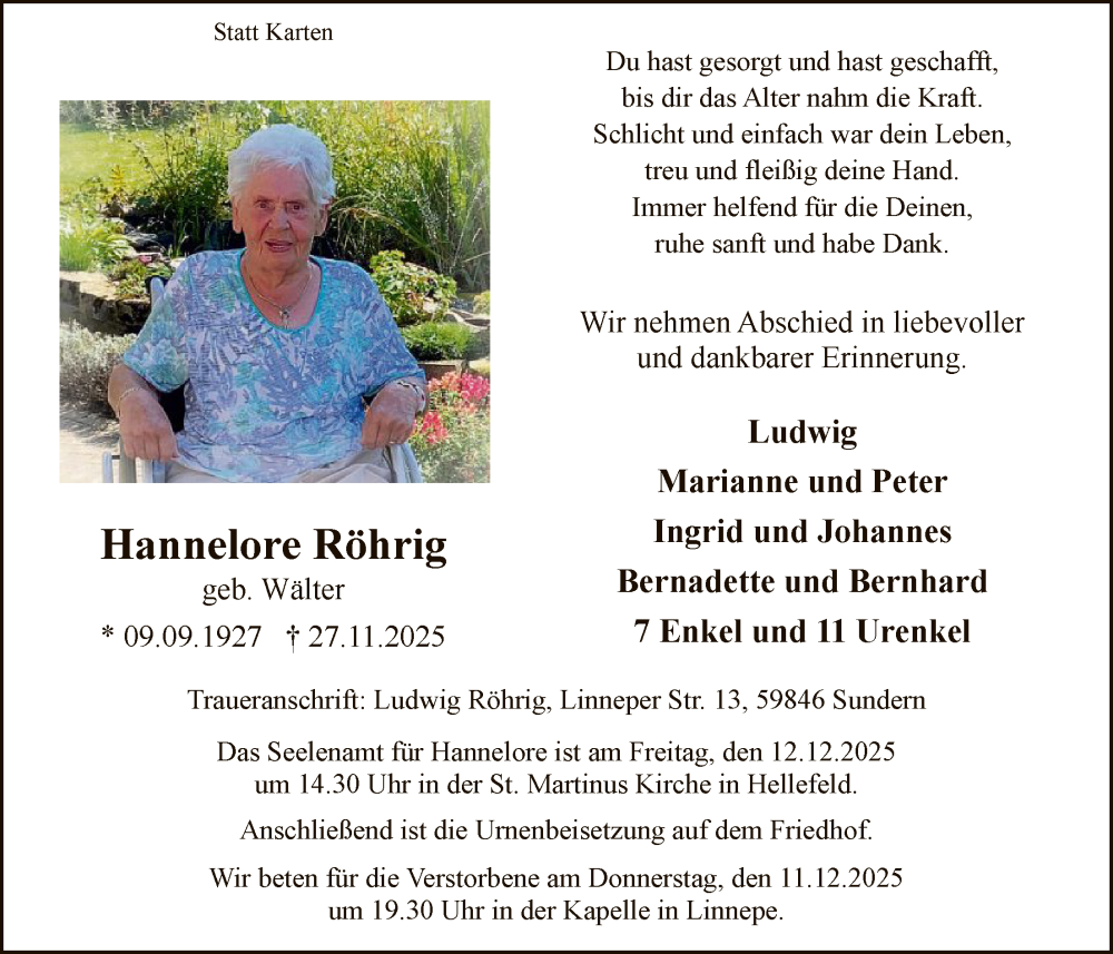  Traueranzeige für Hannelore Röhrig vom 06.12.2025 aus HASK