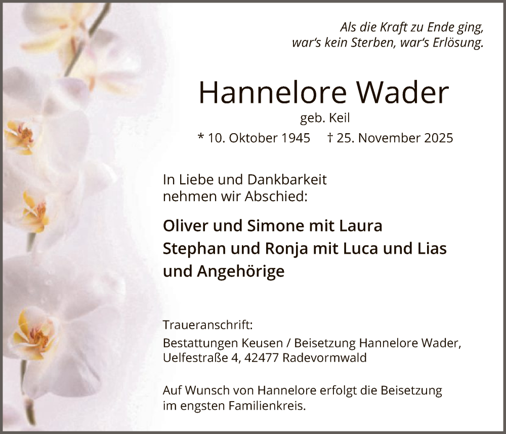  Traueranzeige für Hannelore Wader vom 06.12.2025 aus HALN