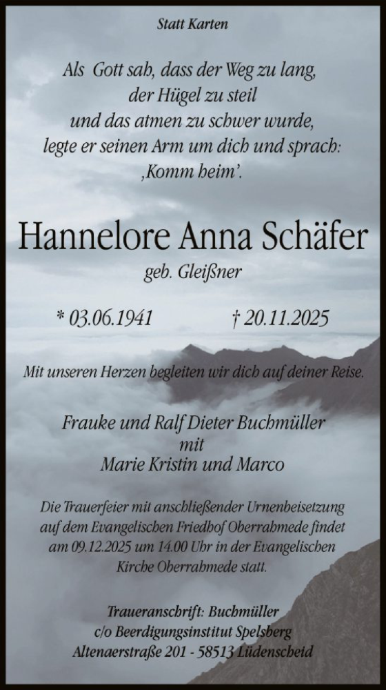  Traueranzeige für Hannelore Anna Schäfer vom 06.12.2025 aus HALN