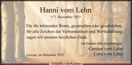 Traueranzeige von Hanni vom Lehn von HALN