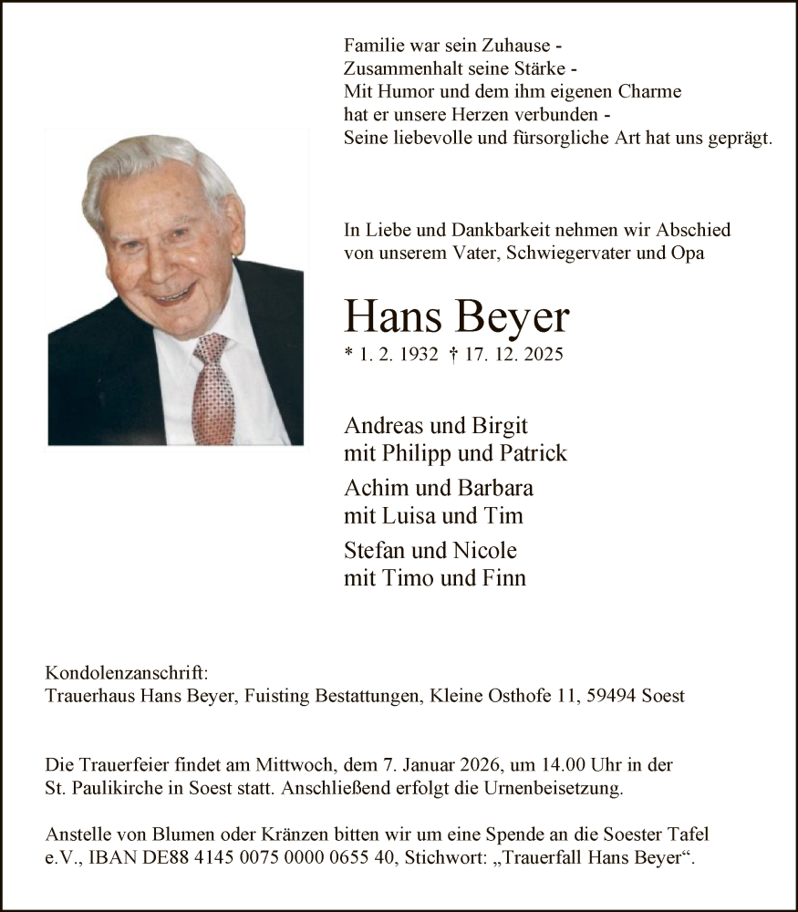  Traueranzeige für Hans Beyer vom 27.12.2025 aus HASO