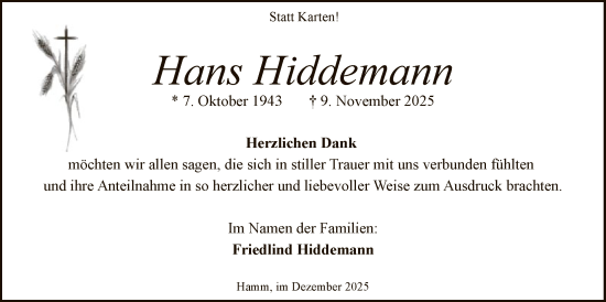 Traueranzeige von Hans Hiddemann von HAWA