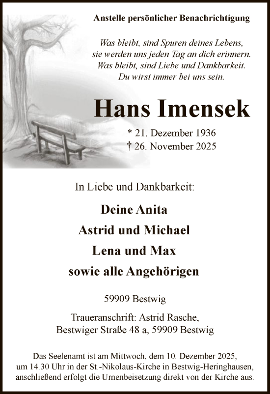 Traueranzeige von Hans Imensek von HASK