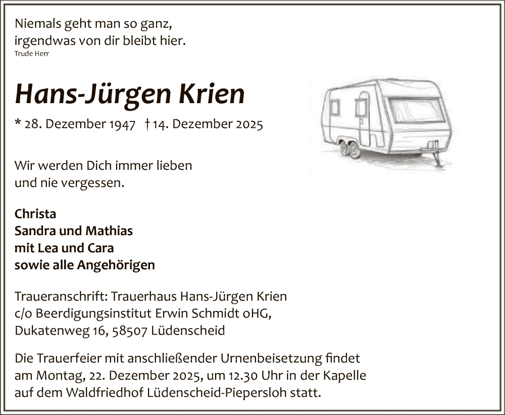  Traueranzeige für Hans-Jürgen Krien vom 19.12.2025 aus HALN