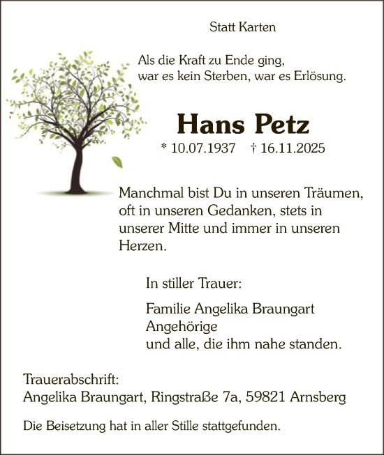 Traueranzeige von Hans Petz von HASK