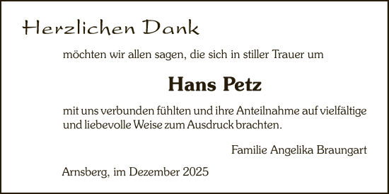 Traueranzeige von Hans Petz von HASK