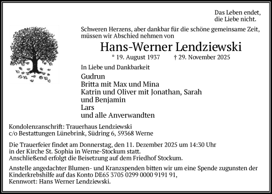 Traueranzeige von Hans-Werner Lendziewski von HAWA