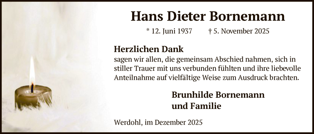  Traueranzeige für Hans Dieter Bornemann vom 20.12.2025 aus HALN