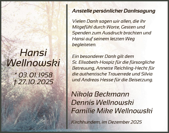Traueranzeige von Hansi Wellnowski von HASK