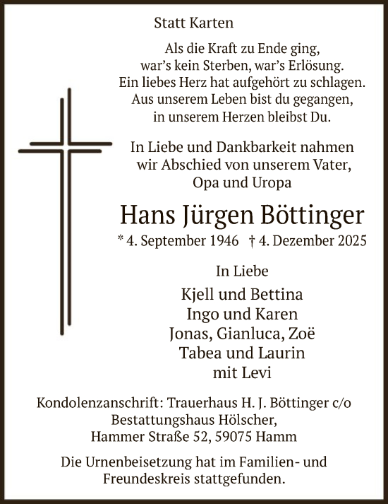 Traueranzeige von Hans Jürgen Böttinger von HAWA
