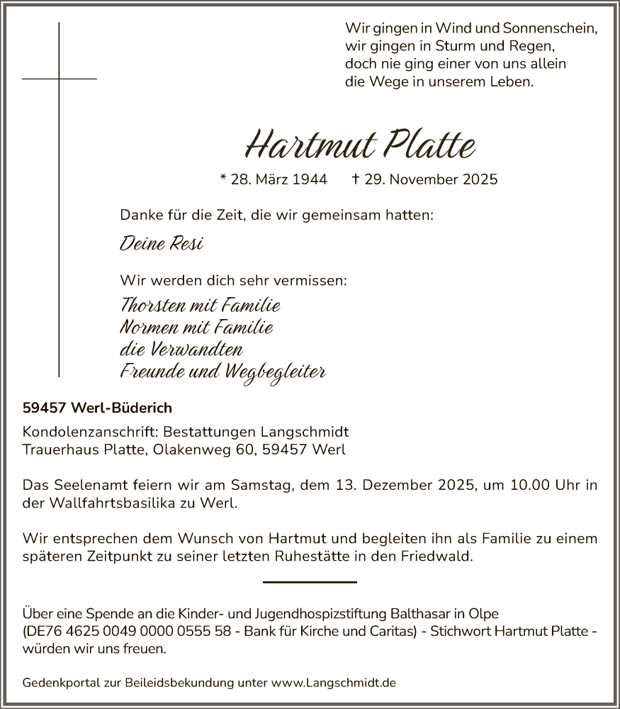  Traueranzeige für Hartmut Platte vom 06.12.2025 aus HASO