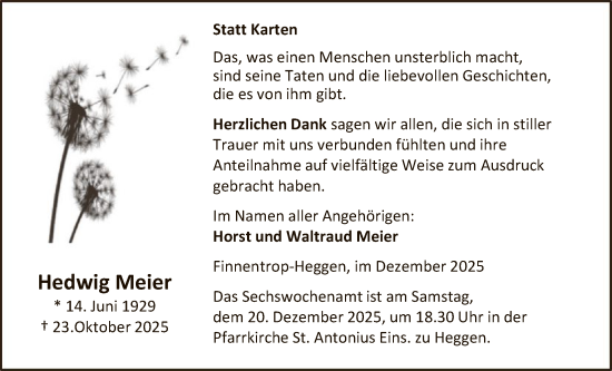 Traueranzeige von Hedwig Meier von HASK