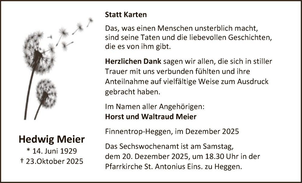  Traueranzeige für Hedwig Meier vom 13.12.2025 aus HASK