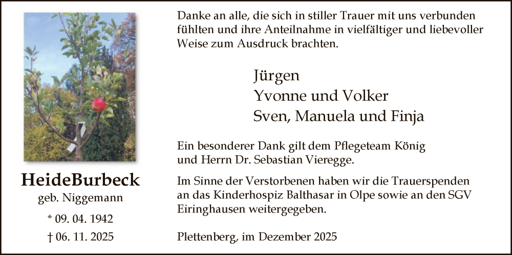  Traueranzeige für Heide Burbeck vom 19.12.2025 aus HALN