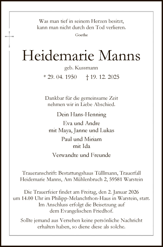 Traueranzeige von Heidemarie Manns von HASO