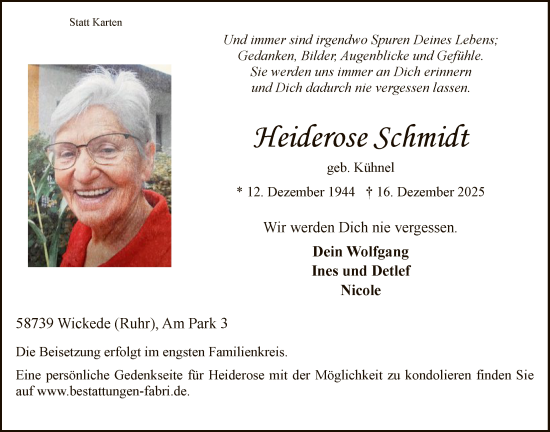 Traueranzeige von Heiderose Schmidt von HASO