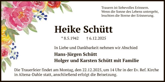 Traueranzeige von Heike Schütt von HALN