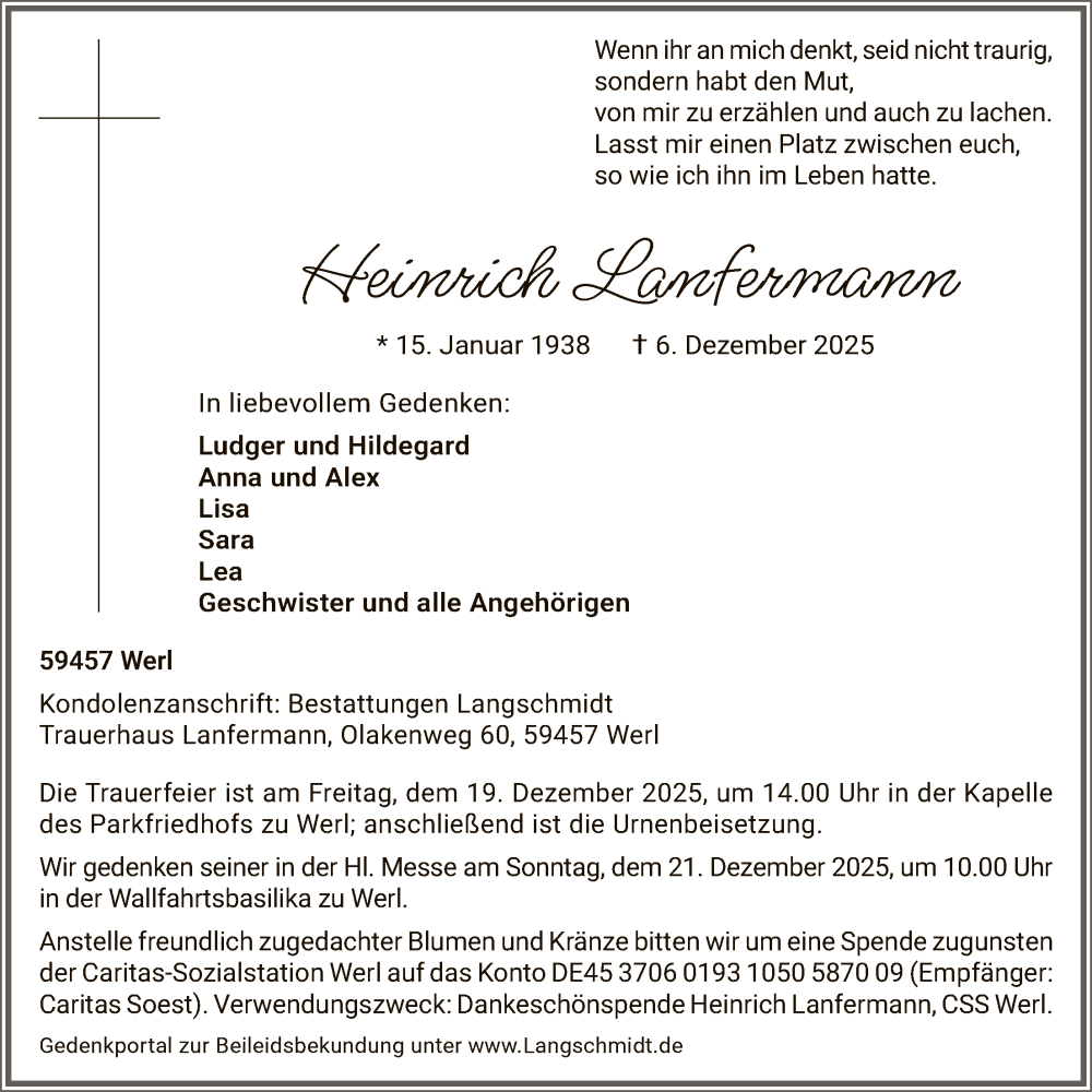  Traueranzeige für Heinrich Lanfermann vom 09.12.2025 aus HASO