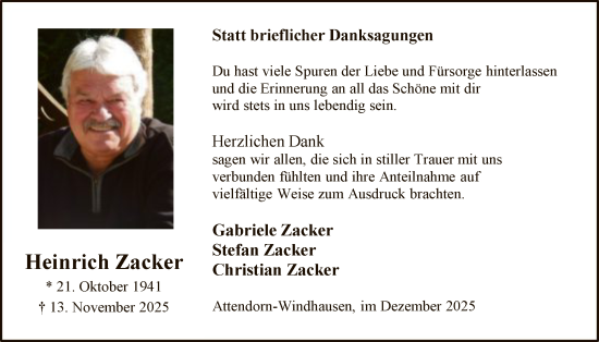 Traueranzeige von Heinrich Zacker von HASK