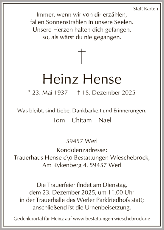 Traueranzeige von Heinz Hense von HASO