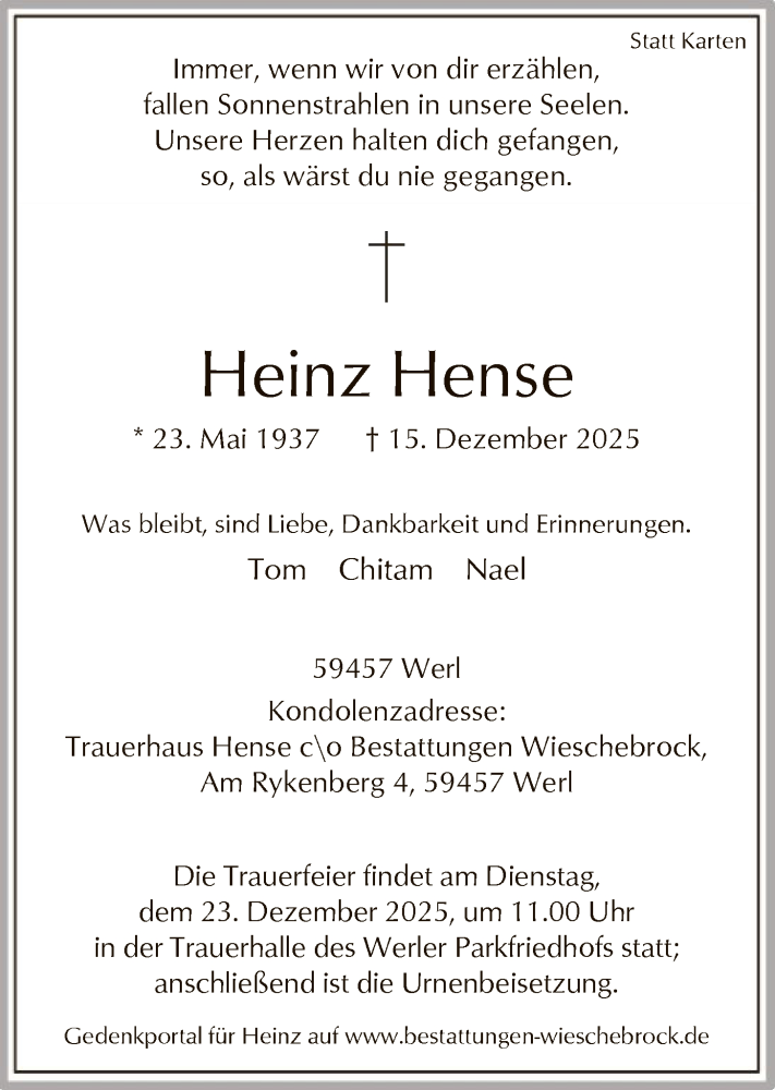  Traueranzeige für Heinz Hense vom 20.12.2025 aus HASO