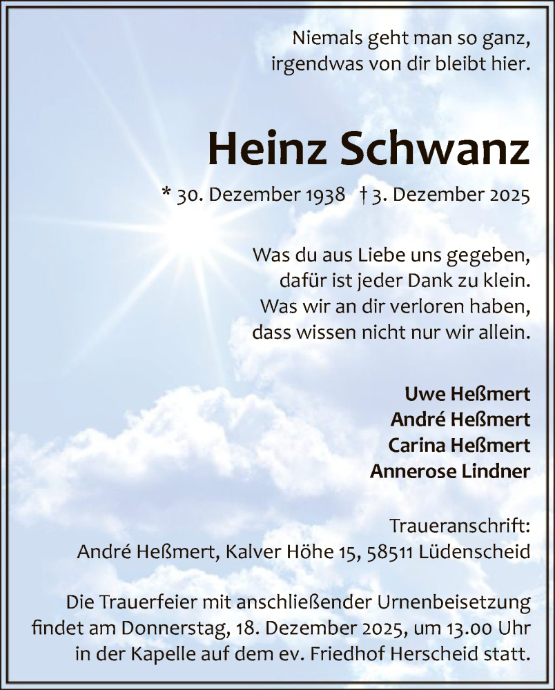  Traueranzeige für Heinz Schwanz vom 10.12.2025 aus HALN