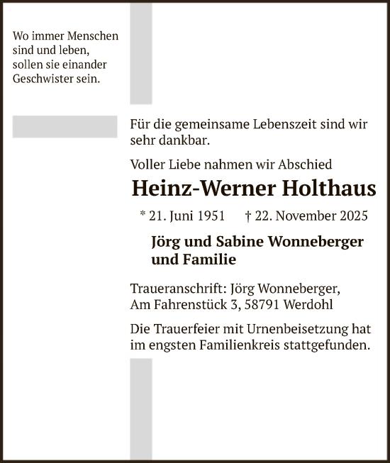 Traueranzeige von Heinz-Werner Holthaus von HALN