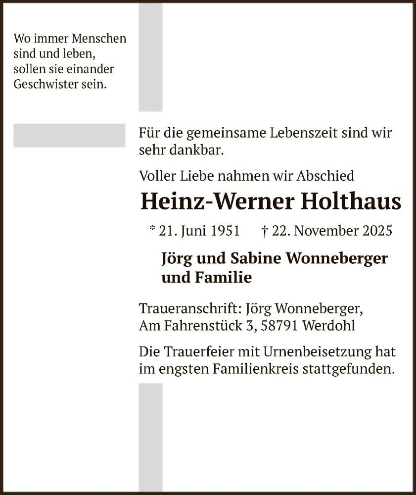  Traueranzeige für Heinz-Werner Holthaus vom 06.12.2025 aus HALN