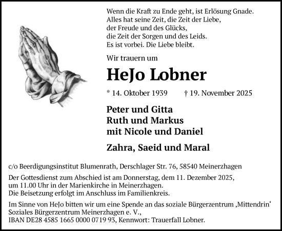 Traueranzeige von HeJo Lobner von HALN