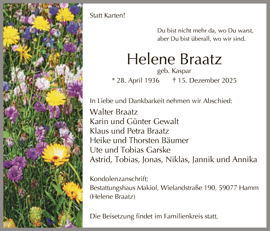 Traueranzeige von Helene Braatz von HAWA