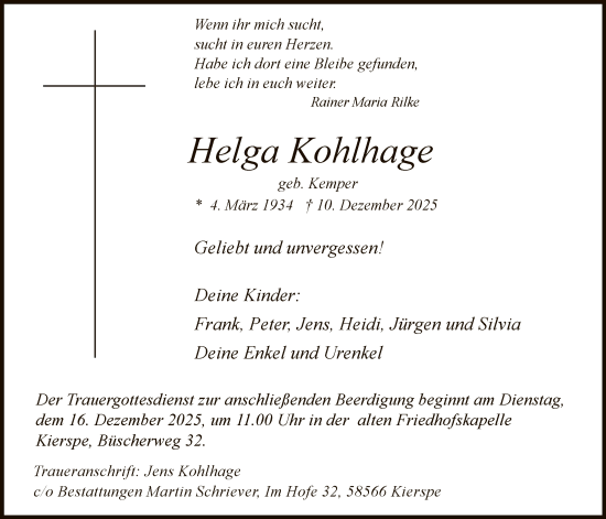 Traueranzeige von Helga Kohlhage von HALN