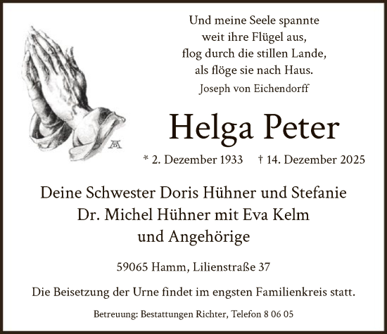 Traueranzeige von Helga Peter von HAWA