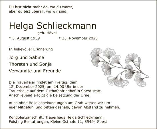 Traueranzeige von Helga Schlieckmann von HASO