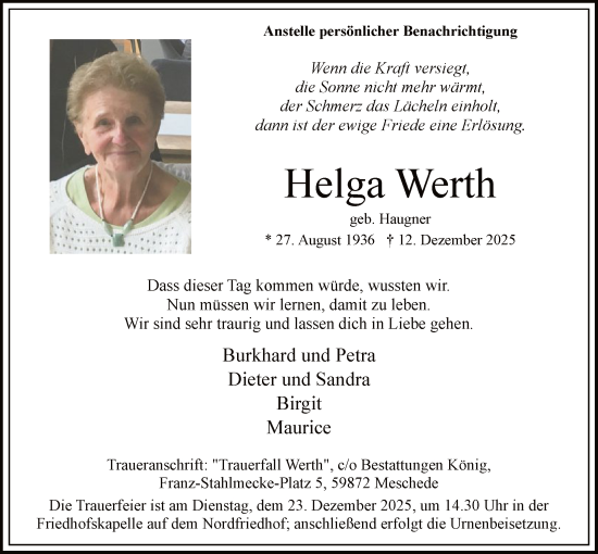 Traueranzeige von Helga Werth von HASK