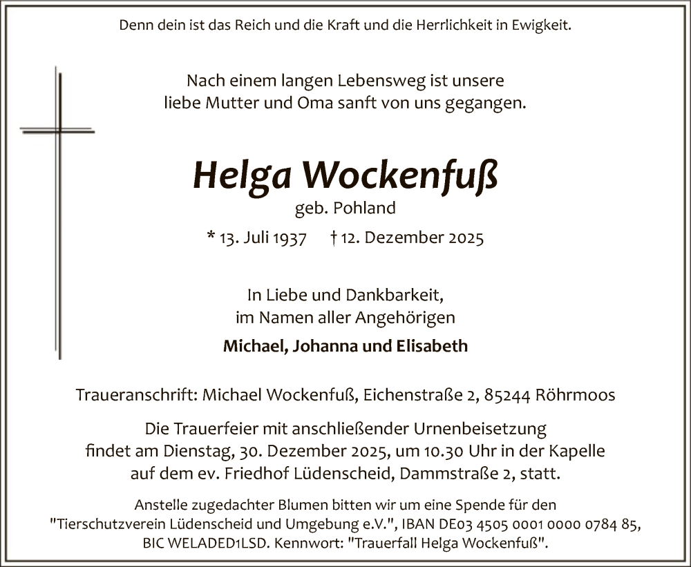 Traueranzeige für Helga Wockenfuß vom 20.12.2025 aus HALN
