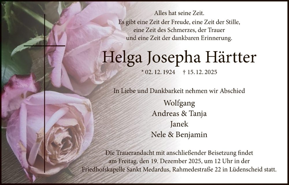  Traueranzeige für Helga Josepha Härtter vom 17.12.2025 aus HALN